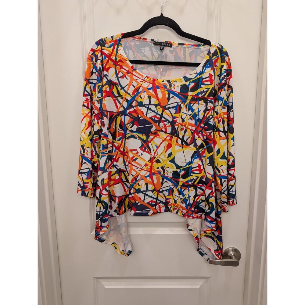 Kozan Womens XL Art to Wear Abstract Paint Drip Asymmetric Sharkbite Hem Top